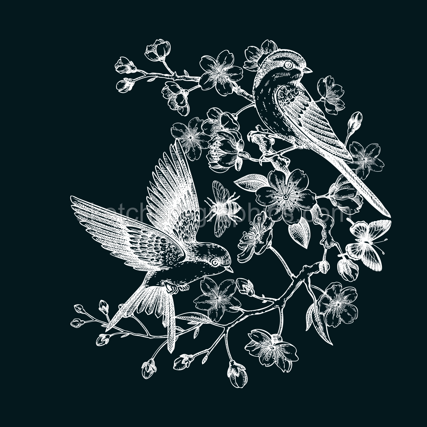 Spring poster template. Japanese art. Sakura, blooming cherry, flying bird chalk drawings. Hand-drawn illustration. Vector floral design for print. NOT AT generated Illustration